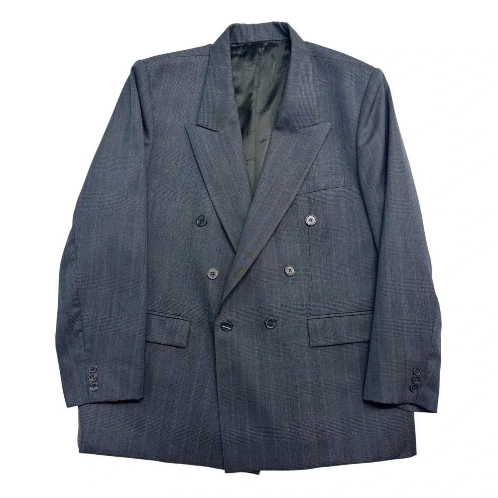 vtg 90s Tailored 40S Charcoal Plaid Double Breasted Blazer Jacket‎ Sport Coat